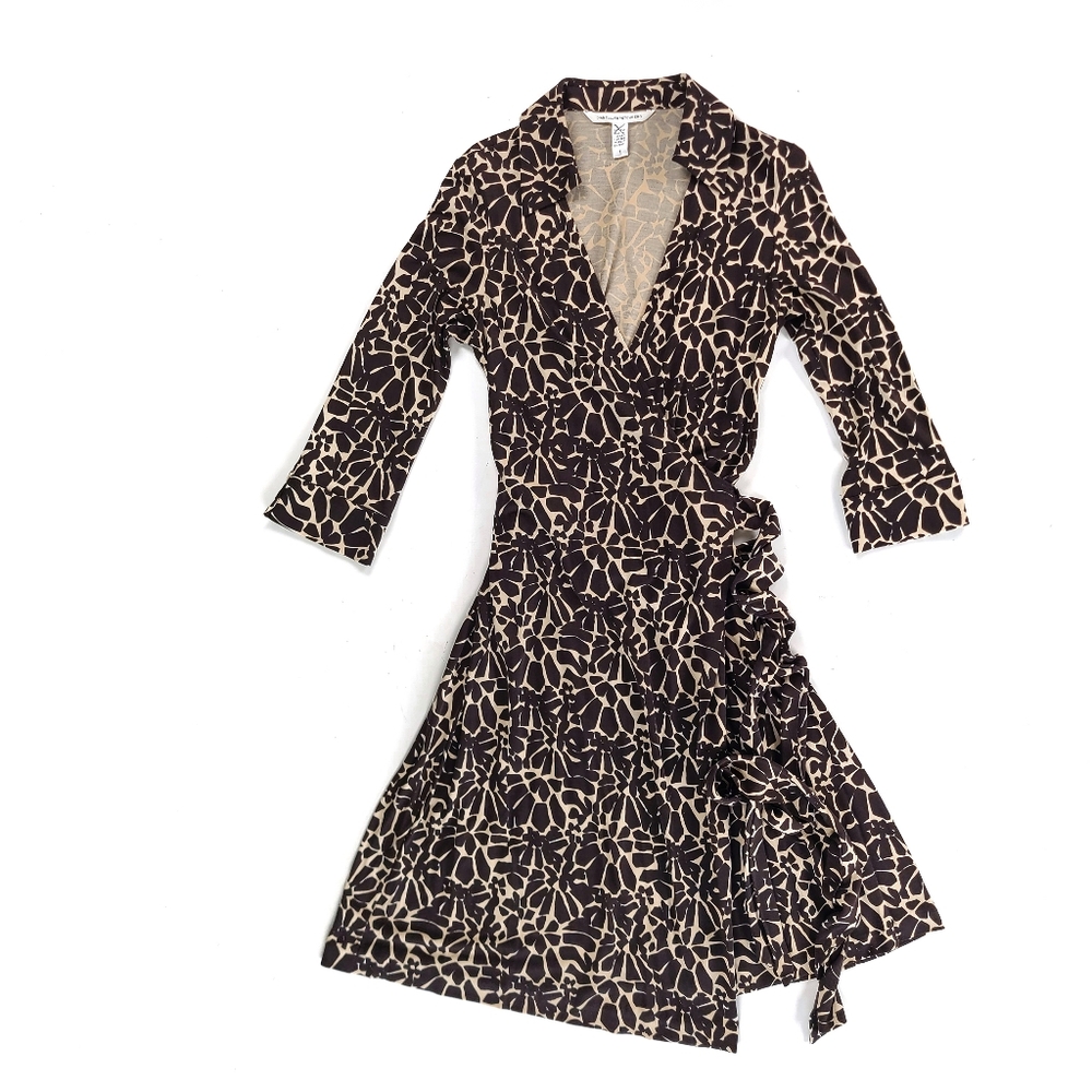 Diane Von Furstenberg Womens Justin 100% Silk Brown Print Wrap‎ Dress
